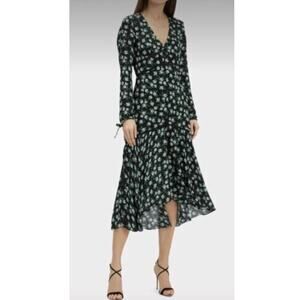 Intermix Long Sleeve Silk Floral Tiered Midi Dress Black Green White Women Sz. 0